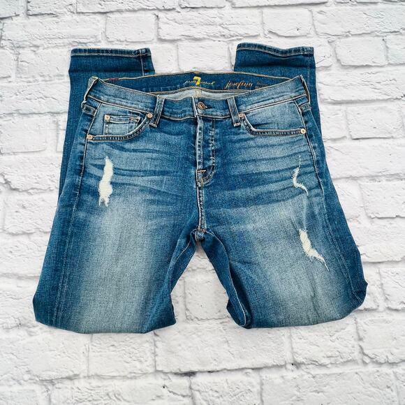 7 FOR ALL MANKIND Women's Button Fly Skinny Boyfriend Jeans 26 Blue Distressed - Picture 2 of 10